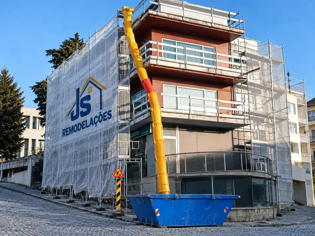Reabilitação de edifício com andaimes e tela JS Remodelações.